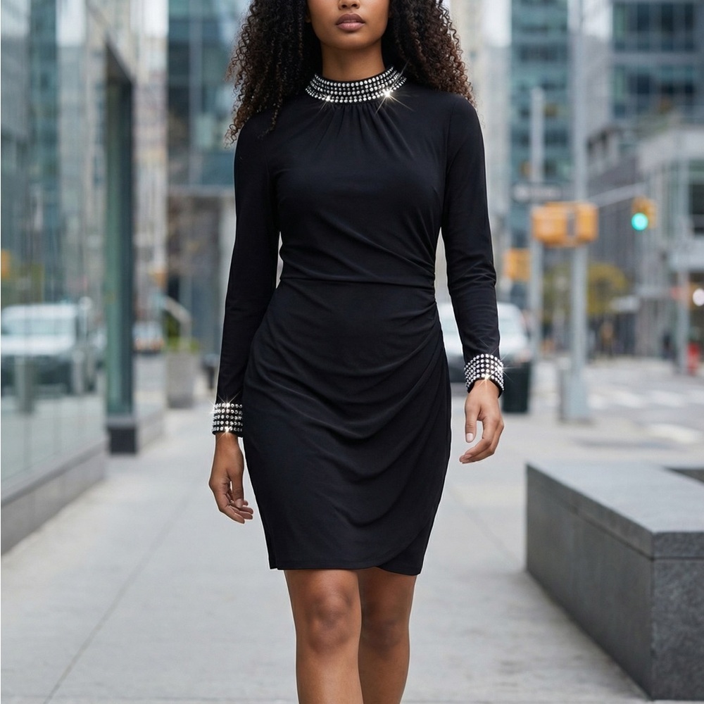 Eliza J Black Dress with Embellished Collar and Cuffs